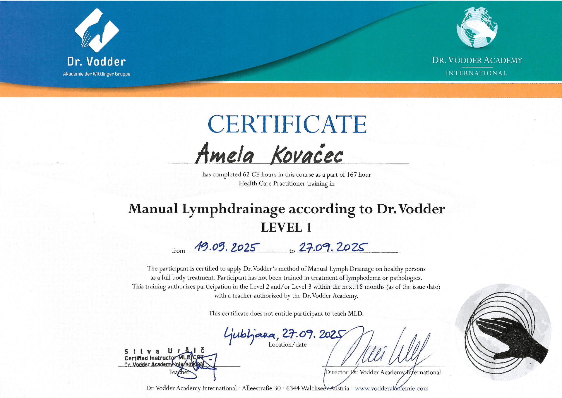 VitaCalma diploma - licencirani terapeut